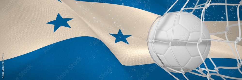 Poster composite image of soccer ball in goal net