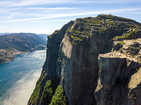 Aerial of famous hiking point in Norway - Pulpit Rock (Preikestolen). Situated on the edge of Lysefjord close to Stavanger