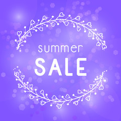 Vector illustration with hand drawn floral frame, abstract background and inscription Summer Sale.