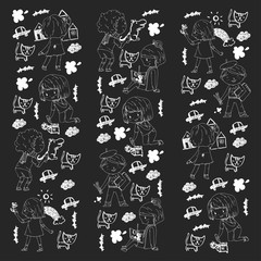 Children painting. School and kindergarten kids creative class. Education, play and grow together. Boys and girls drawing by pen and pencils. Playground.