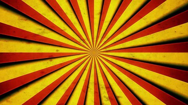 Red and yellow stripes, with shadows, converging and forming a circle, rotating on the screen. Aged old retro vintage texture. Slow movement.
