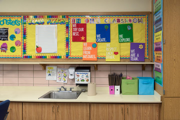 Colorful bulletin boards above the sink in an elementary classroom