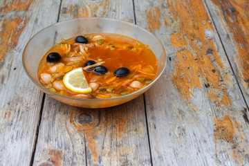 Freshly cooked Solyanka soup (Solyanka)