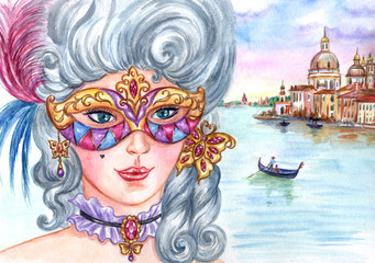 Fototapeta na wymiar Girl in mask and baroque costume against the background of Venice, watercolor illustration.
