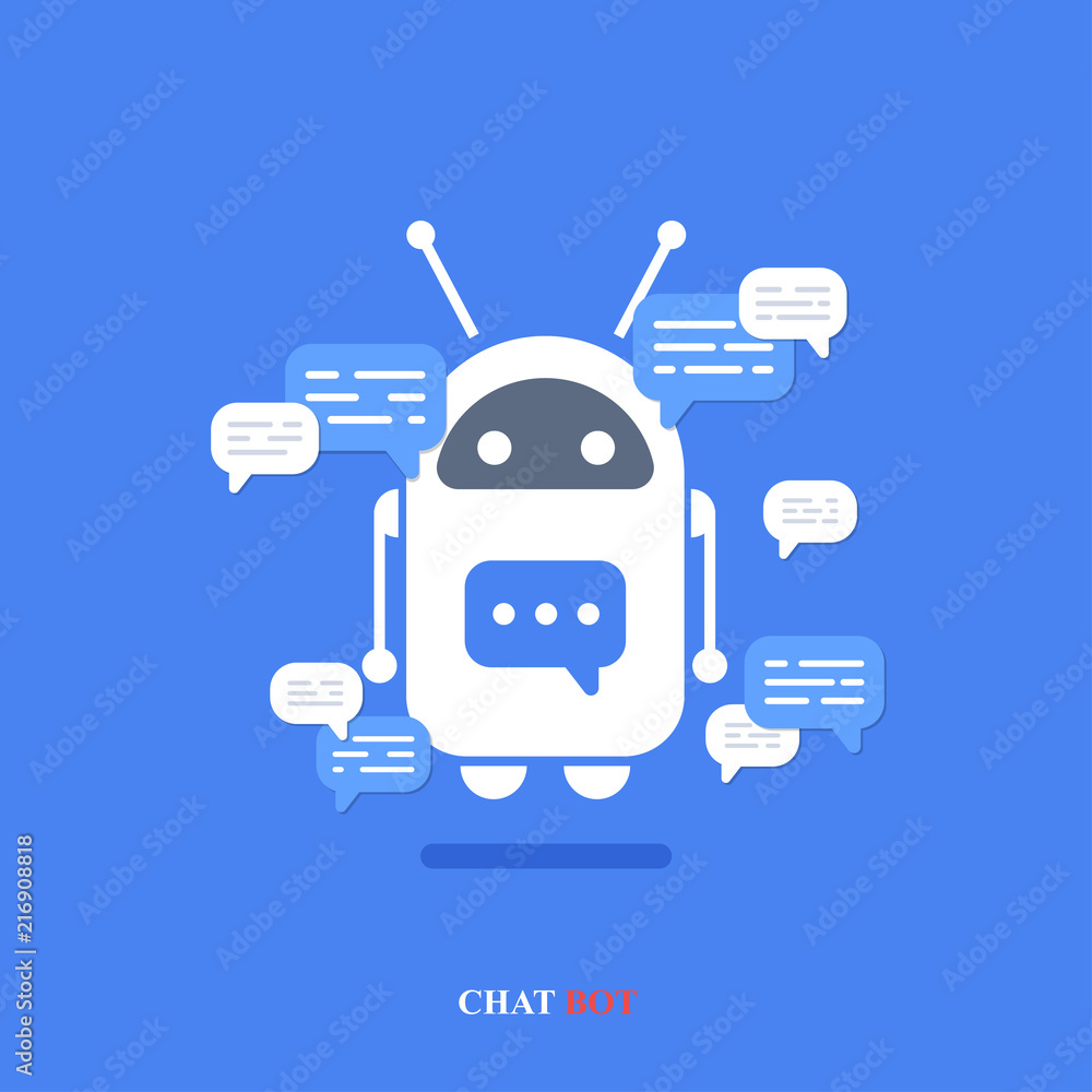 Poster vector modern flat chat bot with speech bubble icons on blue background.