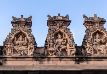 Shravanabelagola, Karnataka, India - November 1, 2013: Brown stone with black mold deity statues in...
