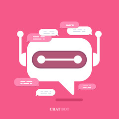 Vector modern flat chat bot with speech bubble icons on pink background.