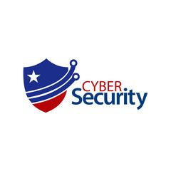 Cyber security with shield icon. Flat vector illustration on white background