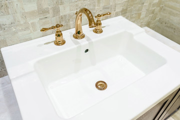 Interior of bathroom with sink basin faucet and mirror. Modern design of bathroom