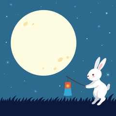 Obraz na płótnie Canvas Rabbit with Korean traditional lantern on full moon night background