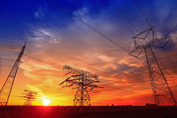 Fototapeta premium Pylon, high-voltage tower sky background.