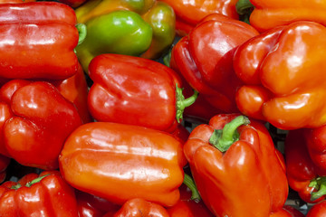 Red sweet Bulgarian pepper in the shop window.
