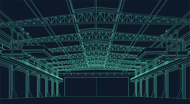 wire frame illustration of an industrial warehouse or hangar for virtual reality