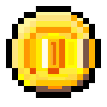 Pixel art: a stylized round shaped golden coin, similar to the ones that could be collected in old retro videogames, isolated on white.
