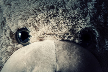 The ominous eyes of a giant teddy bear toy. Cute but also creepy and threatening. Extreme close-up shot.
