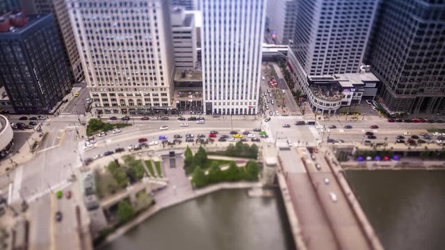 Miniature street of Chicago by the river - tilt shift time lapse