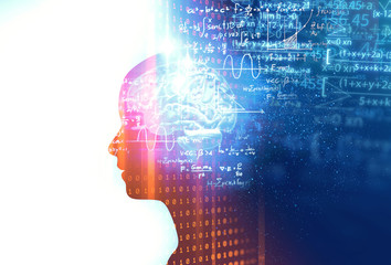 Obraz premium silhouette of virtual human on handwritten equations 3d illustration