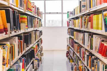 Front view from a book hall in a library. Through this image we can find things about education, study, school, science and mutch more. - obrazy, fototapety, plakaty