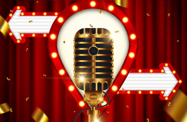 Golden microphone with curtains on red stage background