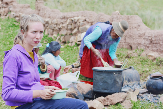 Experiential Travel Of Caucasian Woman In The Community Of Latin America.