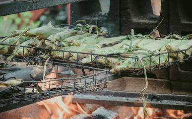 corn on the cob roasting on fire