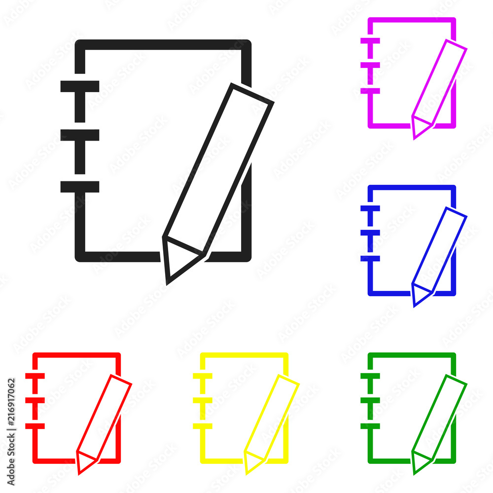 Poster elements of notebook with pensil in multi colored icons. premium quality graphic design icon. simple