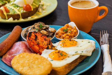An array or breakfast foods and drinks 