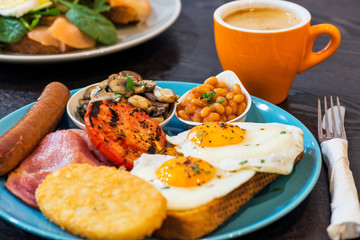 An array or breakfast foods and drinks 