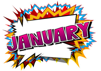 January - Comic book style word on abstract background.