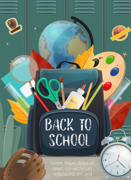 Back to school stationery and books in backpack