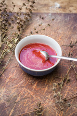 Satsebeli tomato ketchup sauce and paste with red hot chilly pepper, cilantro, garlic, vinegar, spices. Georgian traditional spicy food flavor used in many dishes in Ajaria and Megrelian regions.