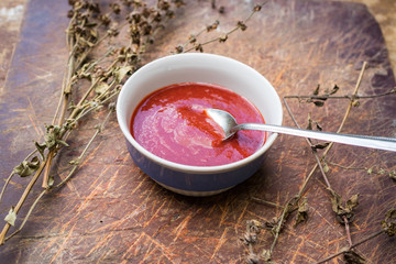 Satsebeli tomato ketchup sauce and paste with red hot chilly pepper, cilantro, garlic, vinegar, spices. Georgian traditional spicy food flavor used in many dishes in Ajaria and Megrelian regions.