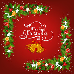 Fototapeta na wymiar Christmas bell greeting card with garland corner