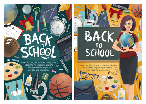 Back to school posters with teacher and stationery