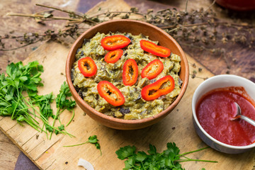 Vegetables eggplant pkhali served as salad in bowl. Georgian traditional food snack appetizer. Vegan vegetarian healthy food.