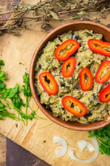 Vegetables eggplant pkhali served as salad in bowl. Georgian traditional food snack appetizer. Vegan vegetarian healthy food.