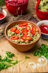 Vegetables eggplant pkhali served as salad in bowl. Georgian traditional food snack appetizer. Vegan vegetarian healthy food.