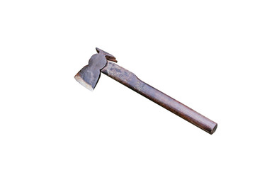 Old iron ax with wooden handle isolated on white background