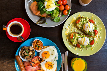 An array or breakfast foods and drinks 