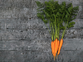 A bunch of fresh carrots and herbs on a black rustic table. The view from the top. Flat lay.