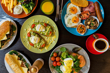 An array or breakfast foods and drinks 