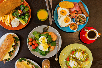 An array or breakfast foods and drinks 