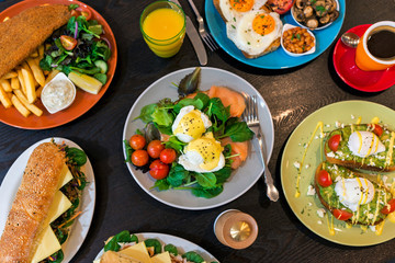 An array or breakfast foods and drinks 