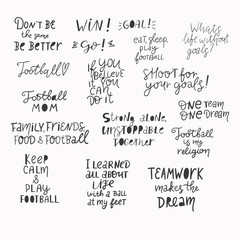 Set of hand drawn soccer, football quotes, phrases .