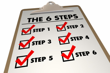 6 Steps Six Levels Process System Checklist Clipboard 3d Illustration