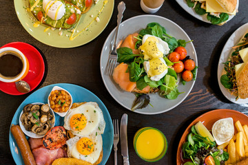 An array or breakfast foods and drinks 