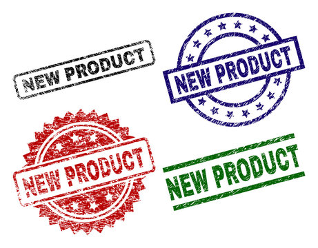 NEW PRODUCT seal prints with distress style. Black, green,red,blue vector rubber prints of NEW PRODUCT tag with unclean texture. Rubber seals with round, rectangle, rosette shapes.
