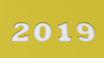 White 2019 number cut in yellow paper