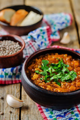 Cabbage Lentil stew with parsley in a bowl