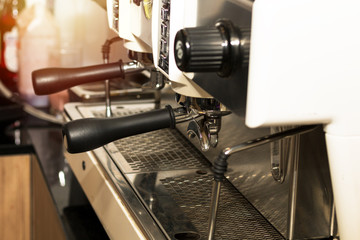 Professional coffee machine maker on coffee shop.Close up.